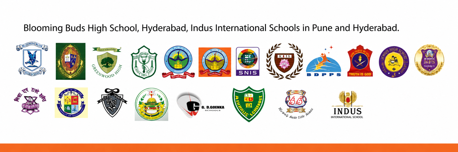 Client school crest logos including Blooming Buds High School Hyderabad and Indus International Schools